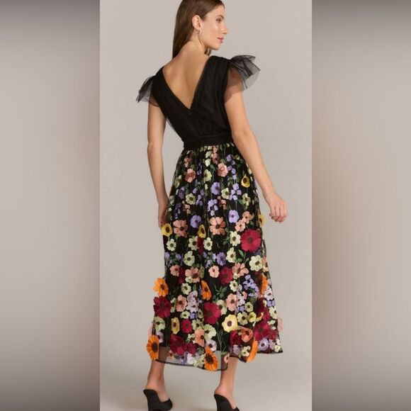 Mac Duggal Black and Multicolor Floral appliqué Midi Dress, US2 - Picture 3 of 16